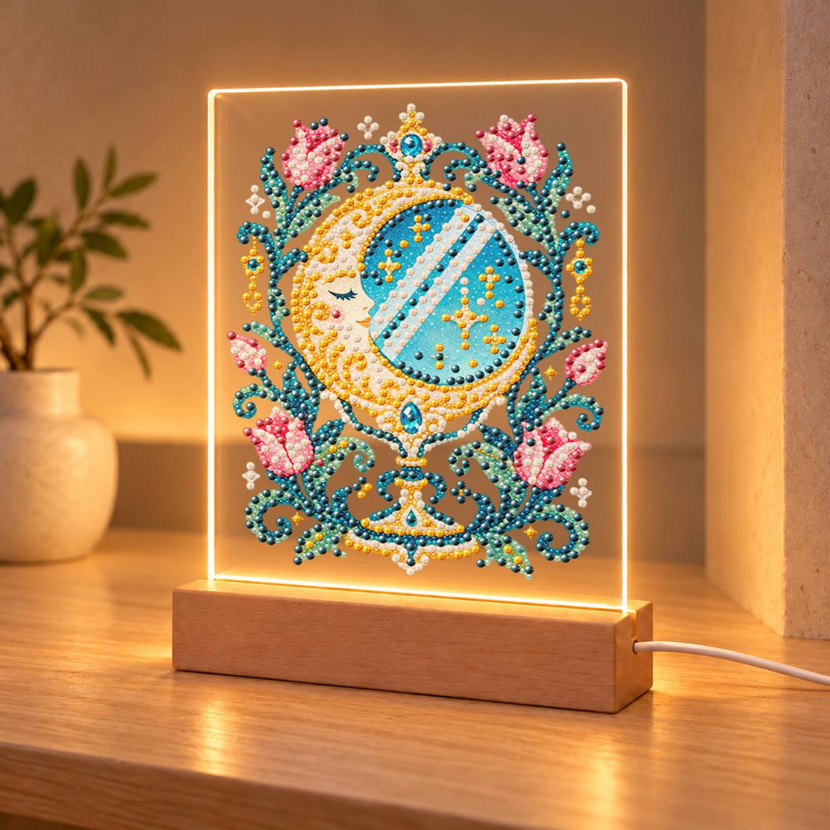 Crescent Moon Mirror with Tulips (Light-Up Pearl Painting)