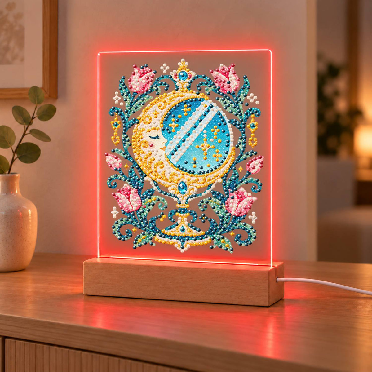 Crescent Moon Mirror with Tulips (Light-Up Pearl Painting)