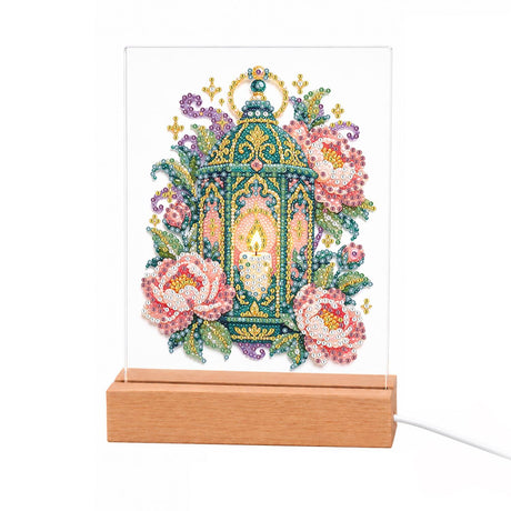 Candlelit Lantern in Pink Peonies light-up pearl painting – Ornate green lantern with a glowing candle inside, surrounded by pink peonies and green leaves