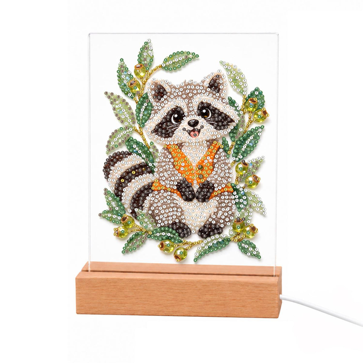Raccoon in an Olive Branch Wreath light-up pearl painting – Smiling raccoon with an orange neckerchief in a wreath of olive branches and green olives