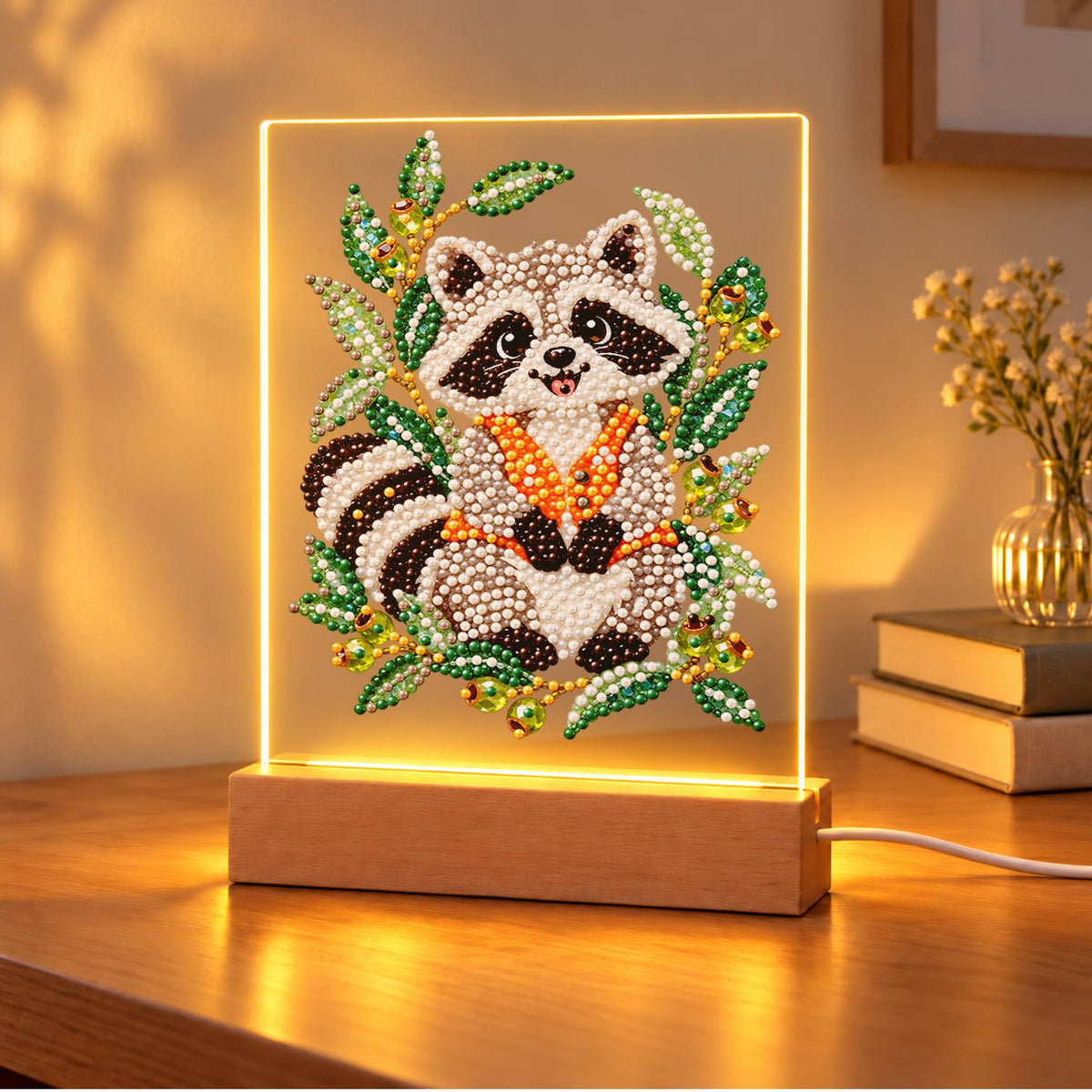 Raccoon in an Olive Branch Wreath (Light-Up Pearl Painting)