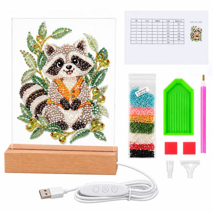 Raccoon in an Olive Branch Wreath (Light-Up Pearl Painting)