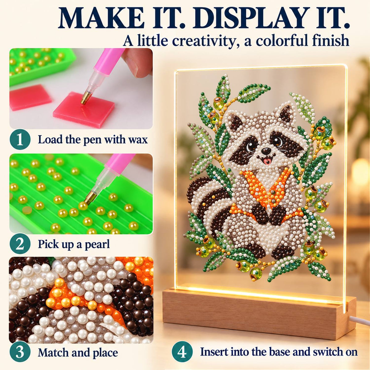 Raccoon in an Olive Branch Wreath (Light-Up Pearl Painting)