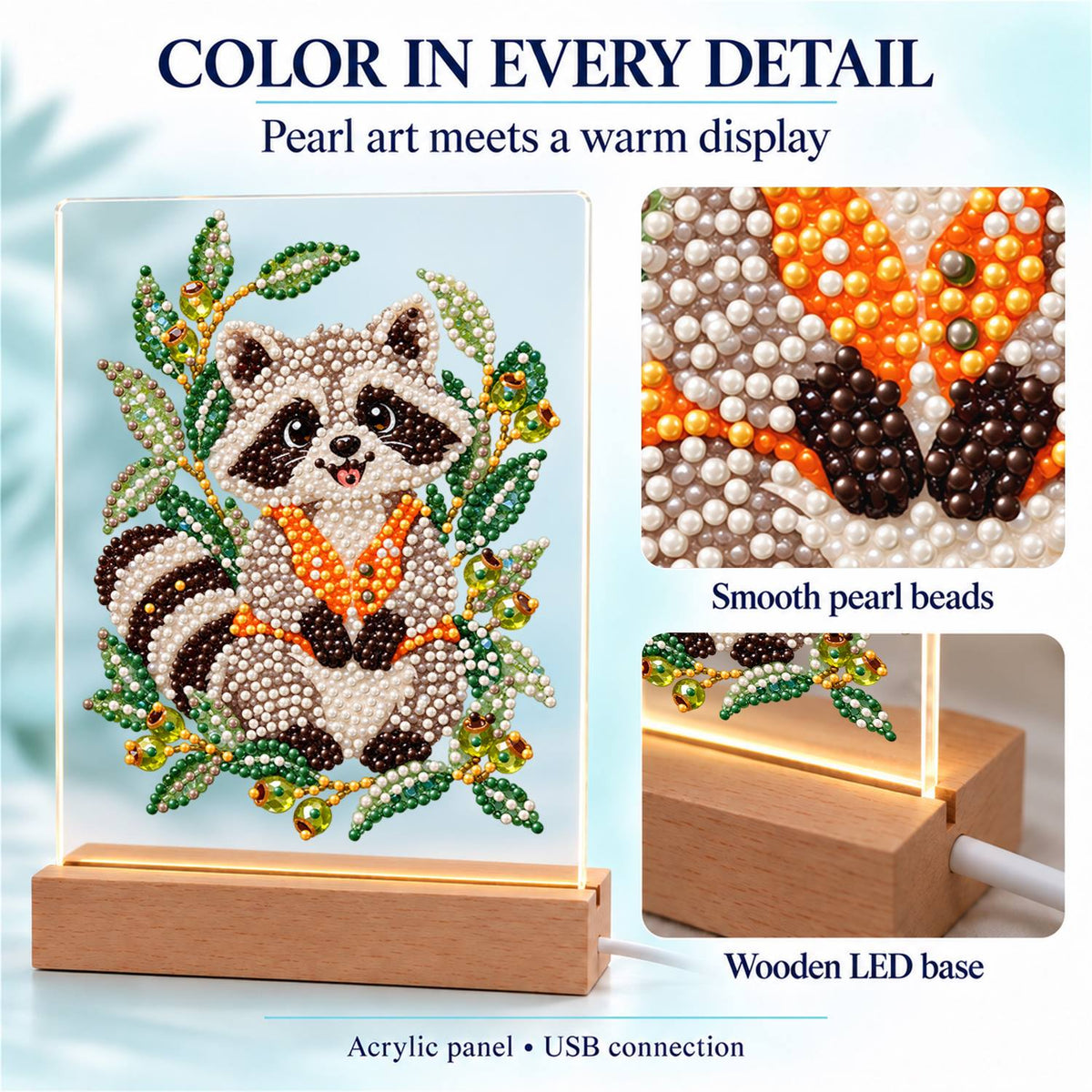 Raccoon in an Olive Branch Wreath (Light-Up Pearl Painting)