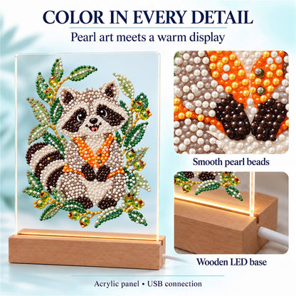 Raccoon in an Olive Branch Wreath (Light-Up Pearl Painting)