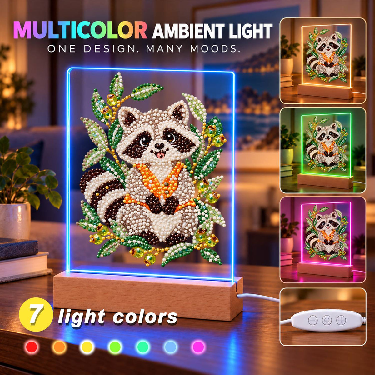 Raccoon in an Olive Branch Wreath (Light-Up Pearl Painting)