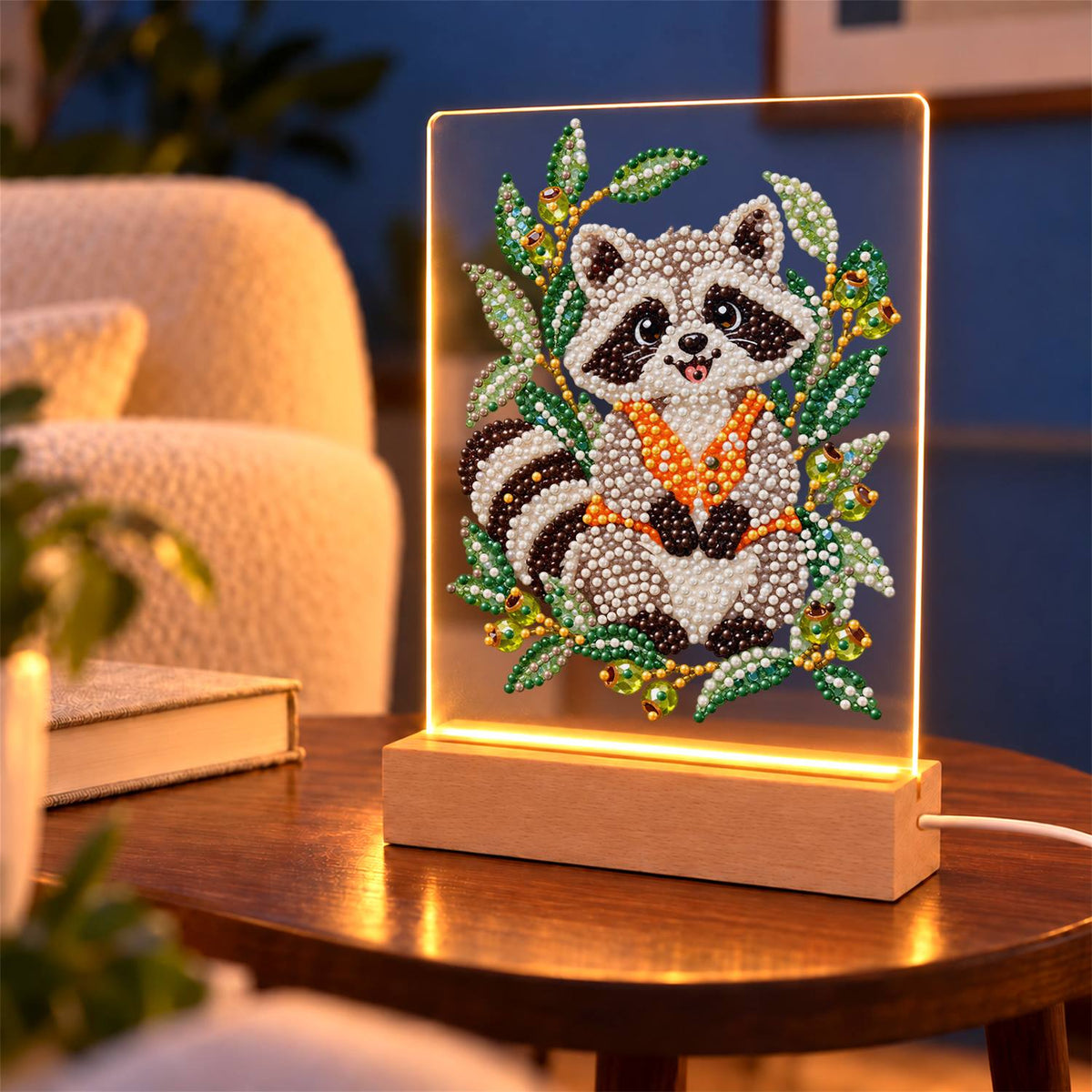 Raccoon in an Olive Branch Wreath (Light-Up Pearl Painting)