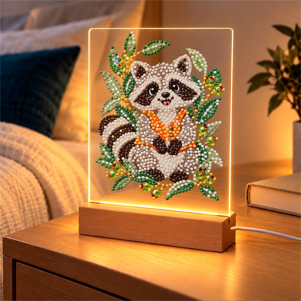 Raccoon in an Olive Branch Wreath (Light-Up Pearl Painting)