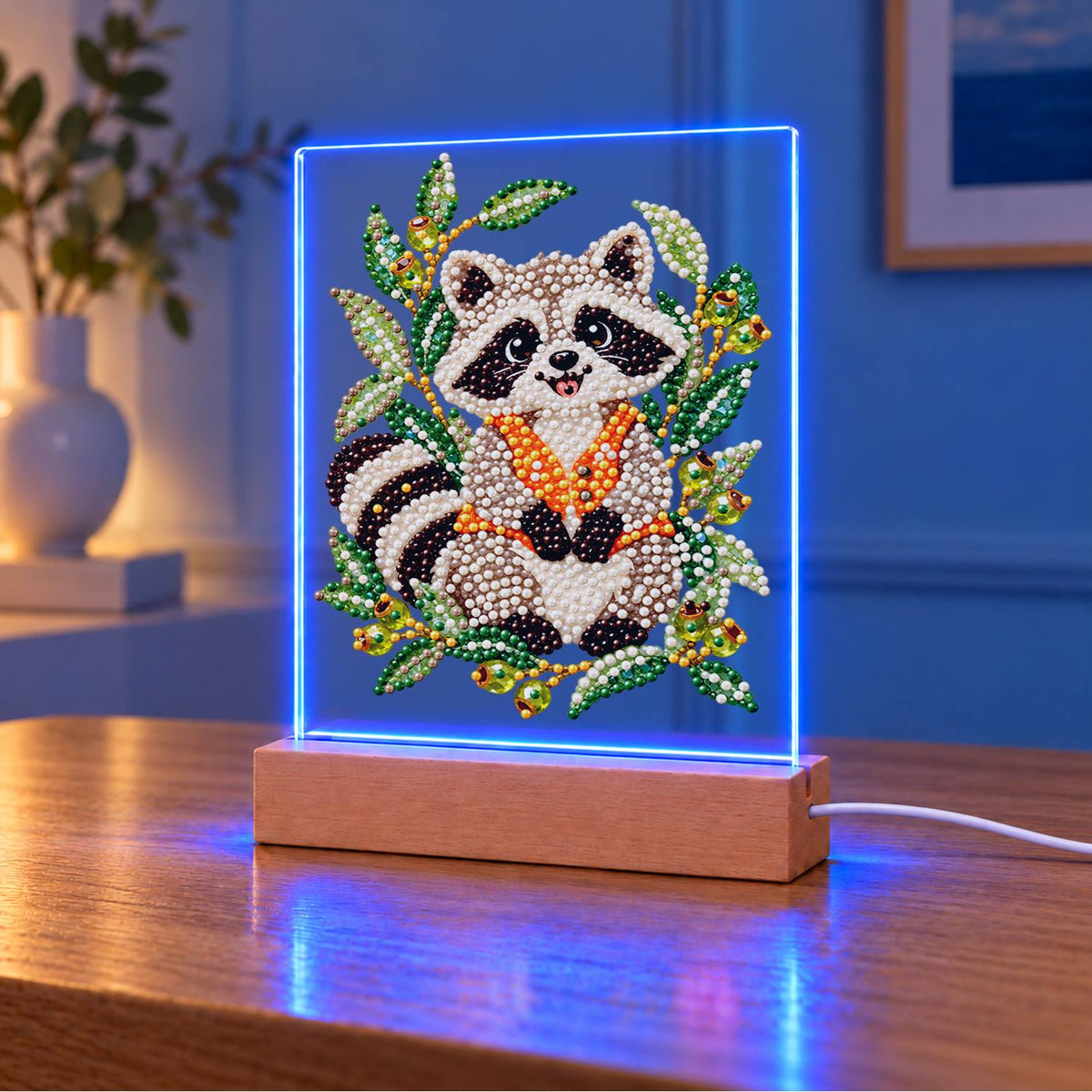 Raccoon in an Olive Branch Wreath (Light-Up Pearl Painting)