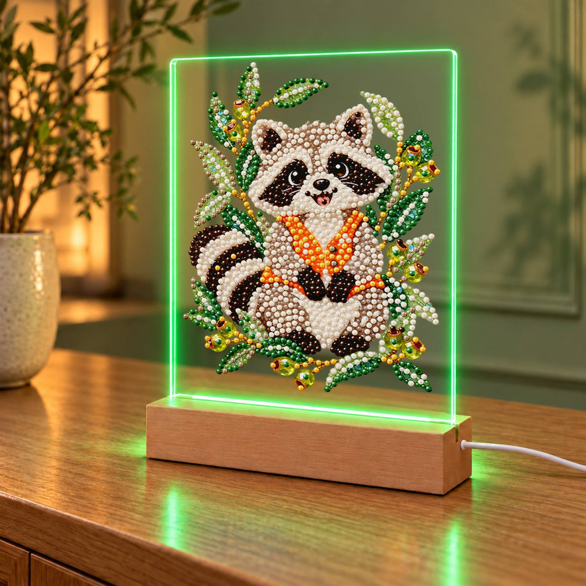 Raccoon in an Olive Branch Wreath (Light-Up Pearl Painting)
