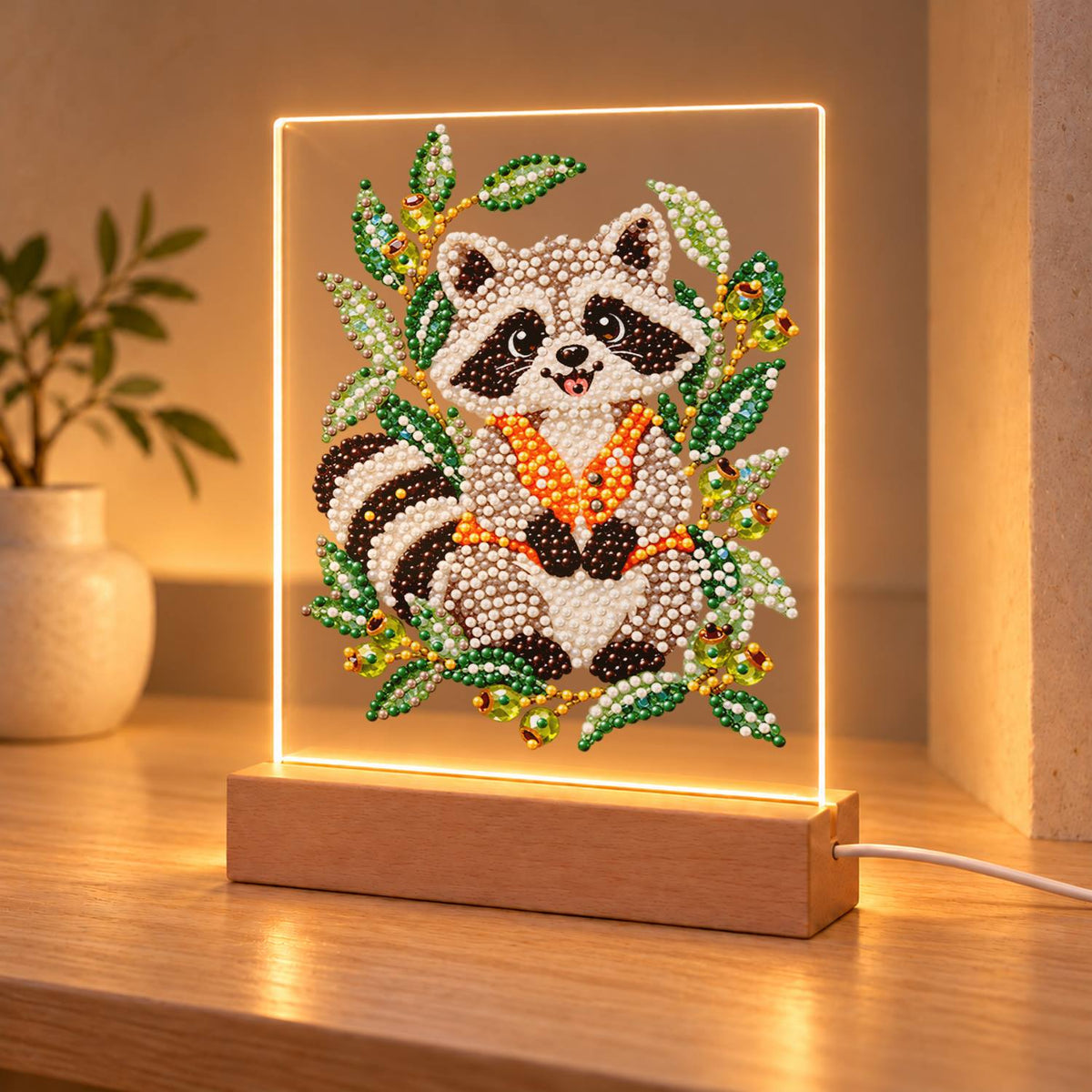Raccoon in an Olive Branch Wreath (Light-Up Pearl Painting)
