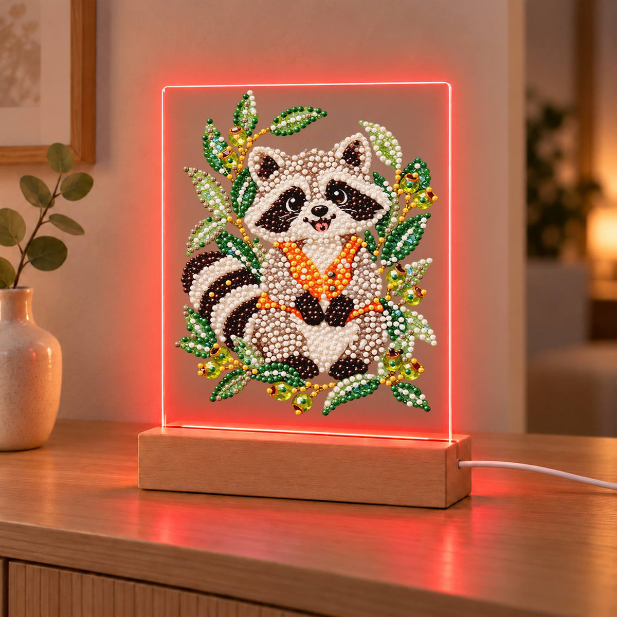 Raccoon in an Olive Branch Wreath (Light-Up Pearl Painting)