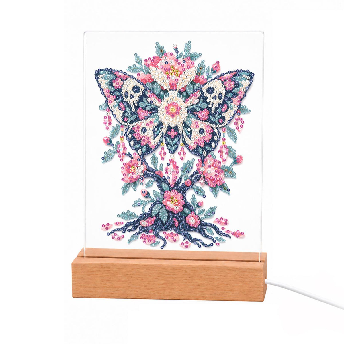 Skull-Winged Moth in Pink Blooms light-up pearl painting – Moth with skull markings on its wings above a blossoming tree of pink flowers and twisting roots