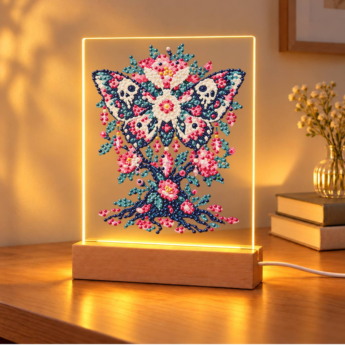 Skull-Winged Moth in Pink Blooms (Light-Up Pearl Painting)