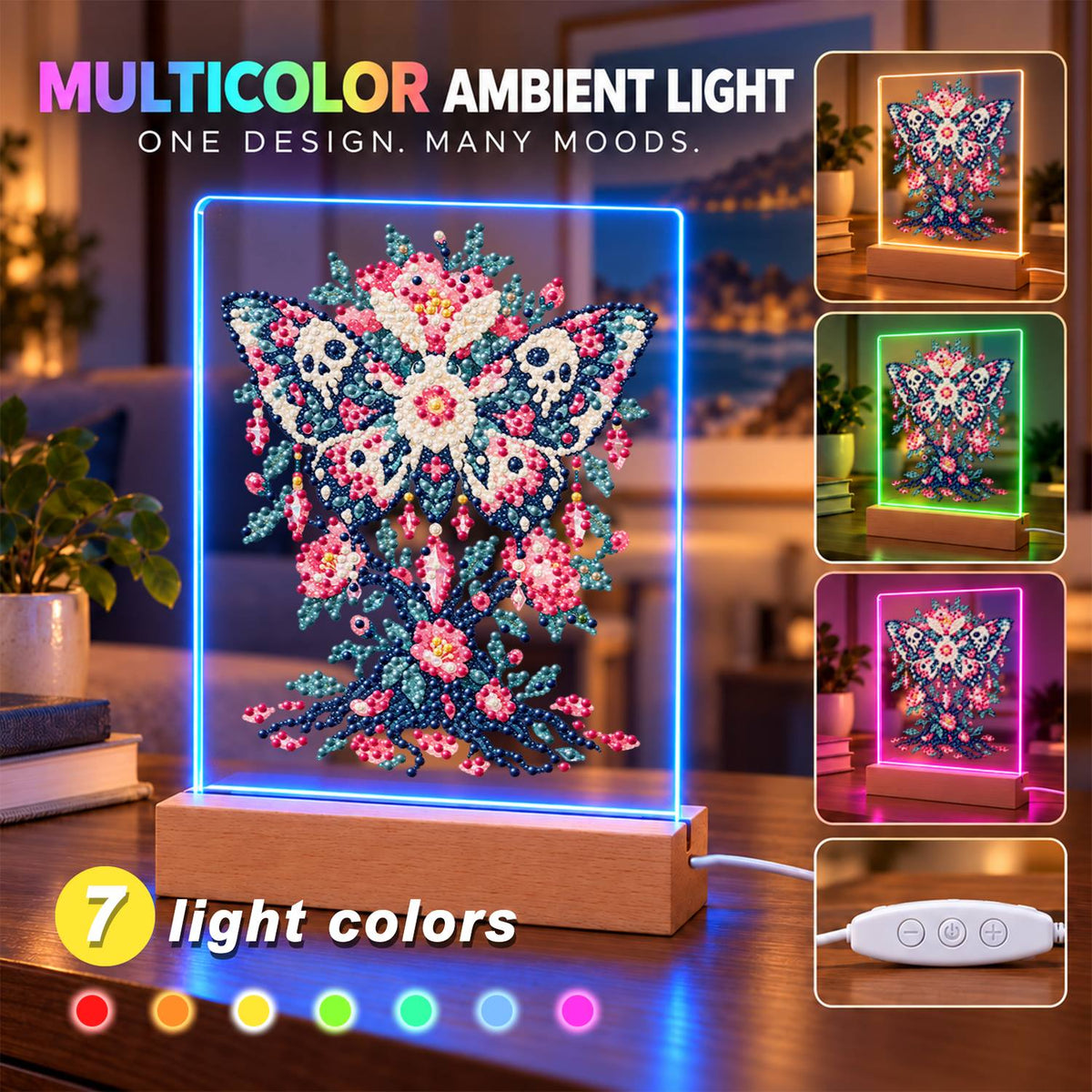 Skull-Winged Moth in Pink Blooms (Light-Up Pearl Painting)