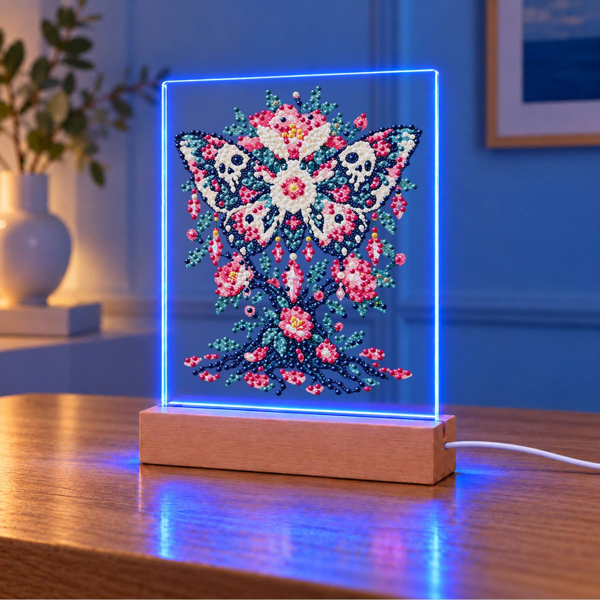 Skull-Winged Moth in Pink Blooms (Light-Up Pearl Painting)