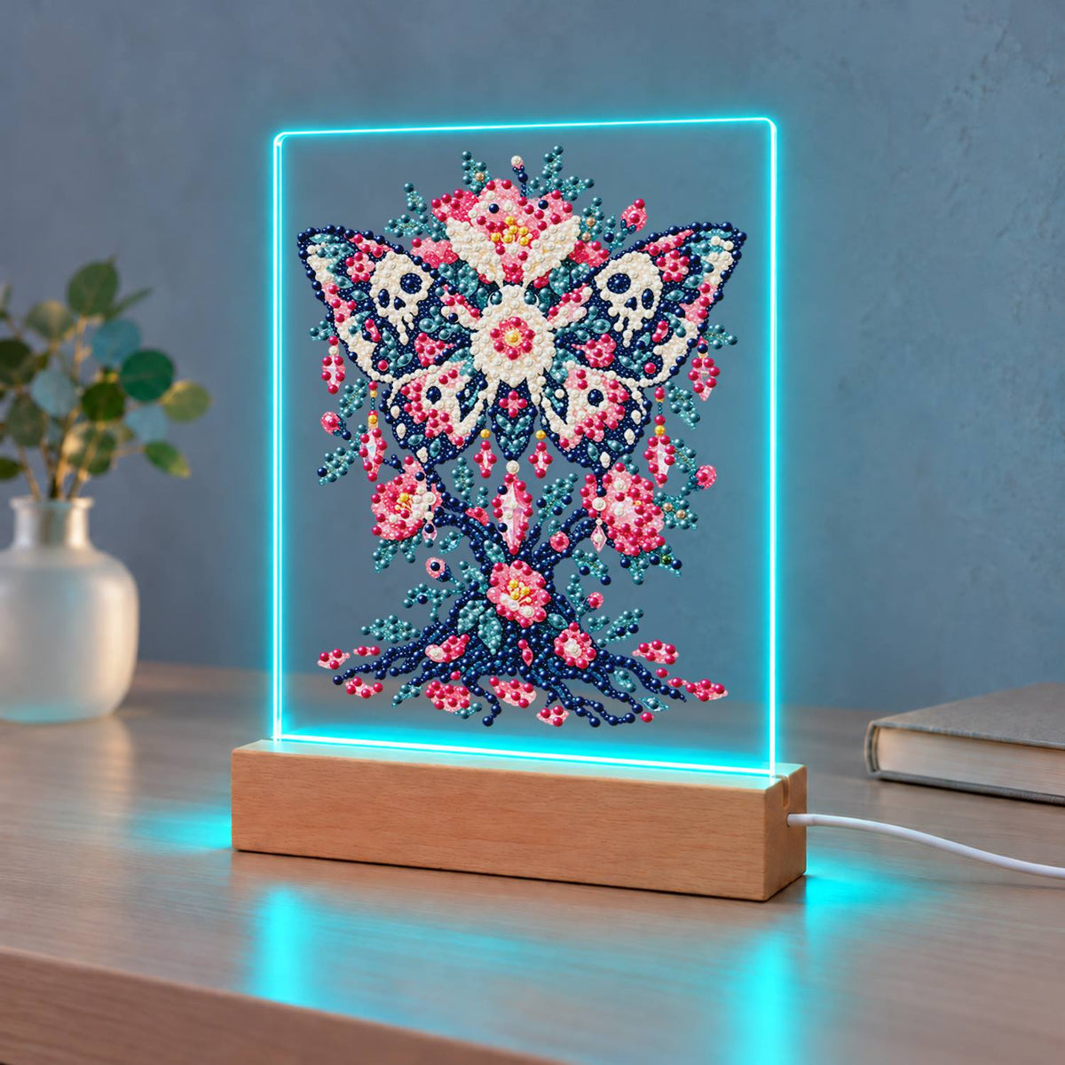 Skull-Winged Moth in Pink Blooms (Light-Up Pearl Painting)