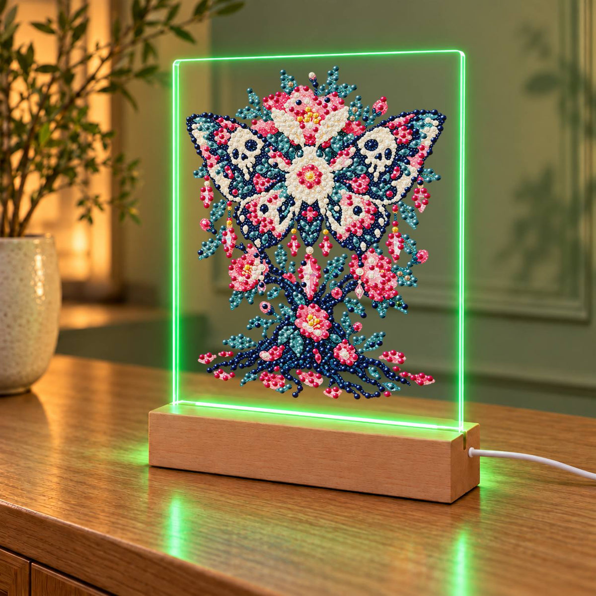 Skull-Winged Moth in Pink Blooms (Light-Up Pearl Painting)