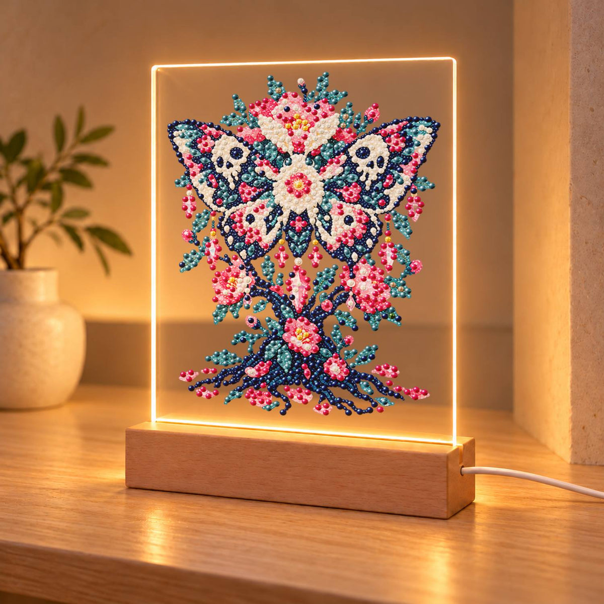 Skull-Winged Moth in Pink Blooms (Light-Up Pearl Painting)