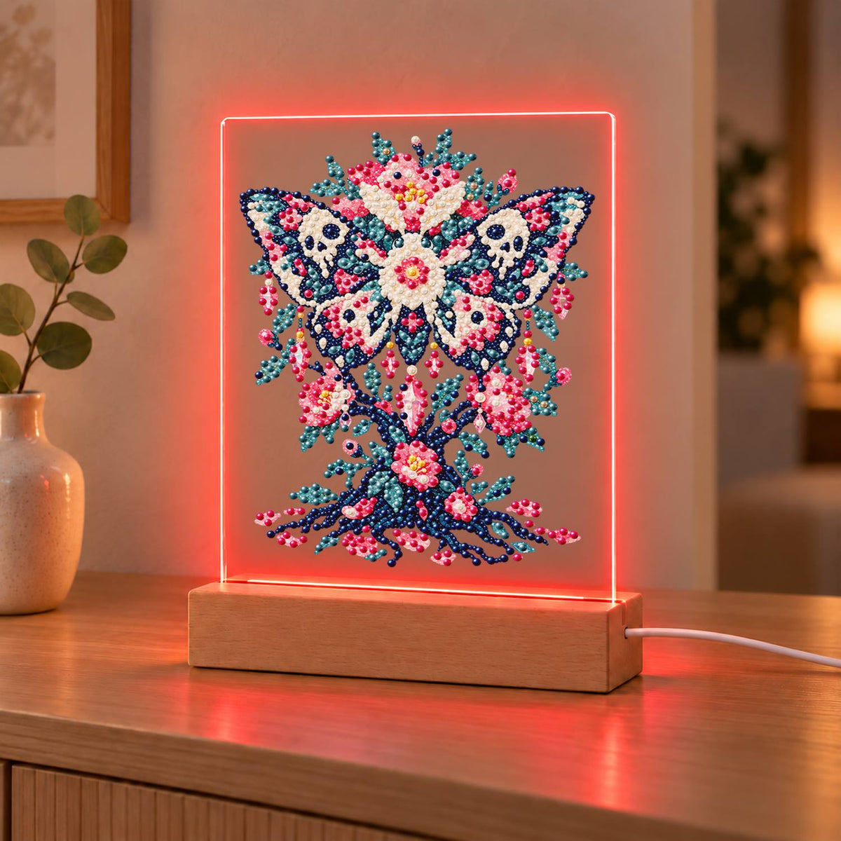 Skull-Winged Moth in Pink Blooms (Light-Up Pearl Painting)