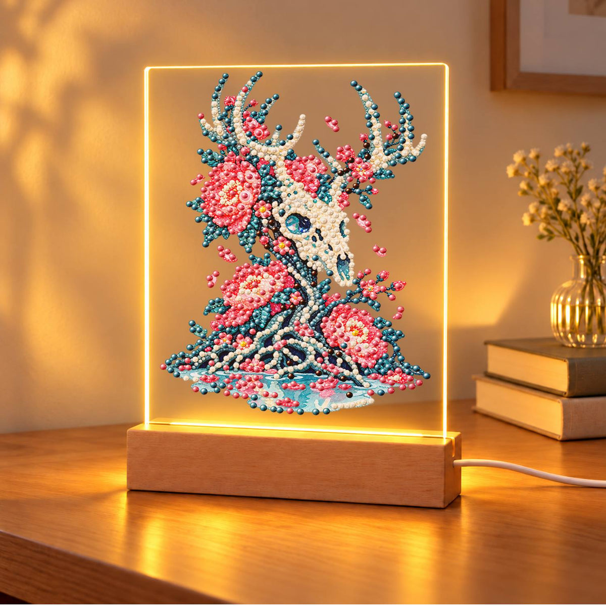 Stag Skull Blooming with Peonies (Light-Up Pearl Painting)