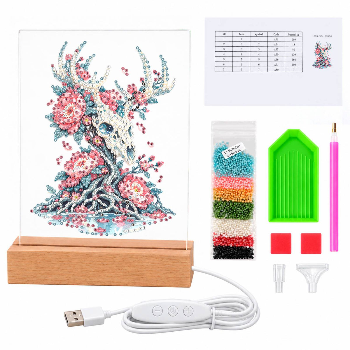 Stag Skull Blooming with Peonies (Light-Up Pearl Painting)