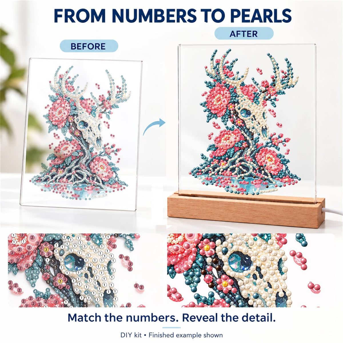 Stag Skull Blooming with Peonies (Light-Up Pearl Painting)