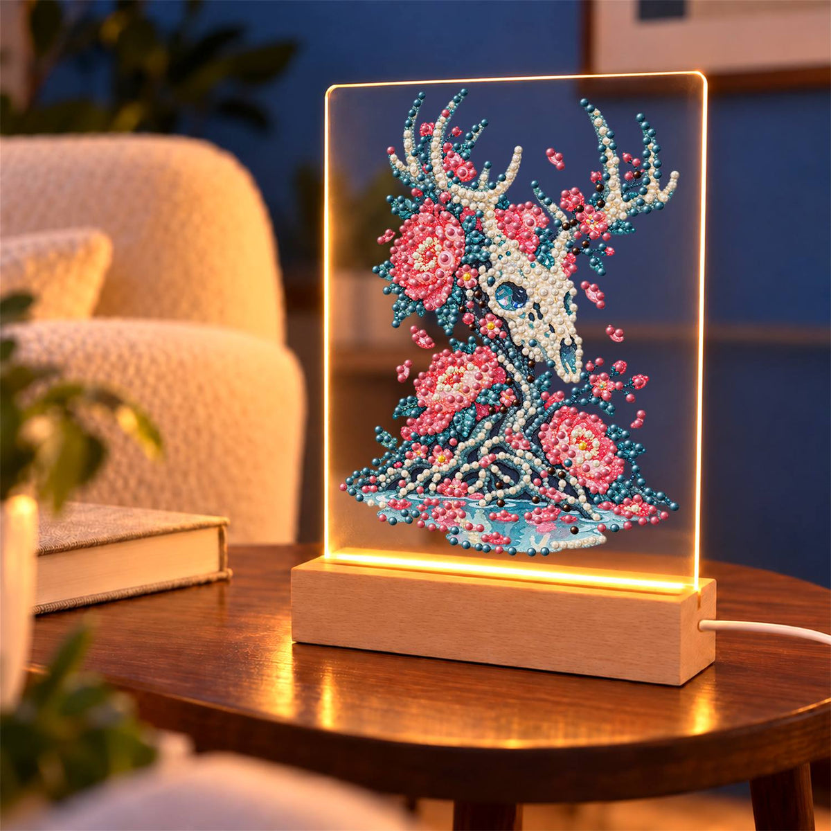 Stag Skull Blooming with Peonies (Light-Up Pearl Painting)