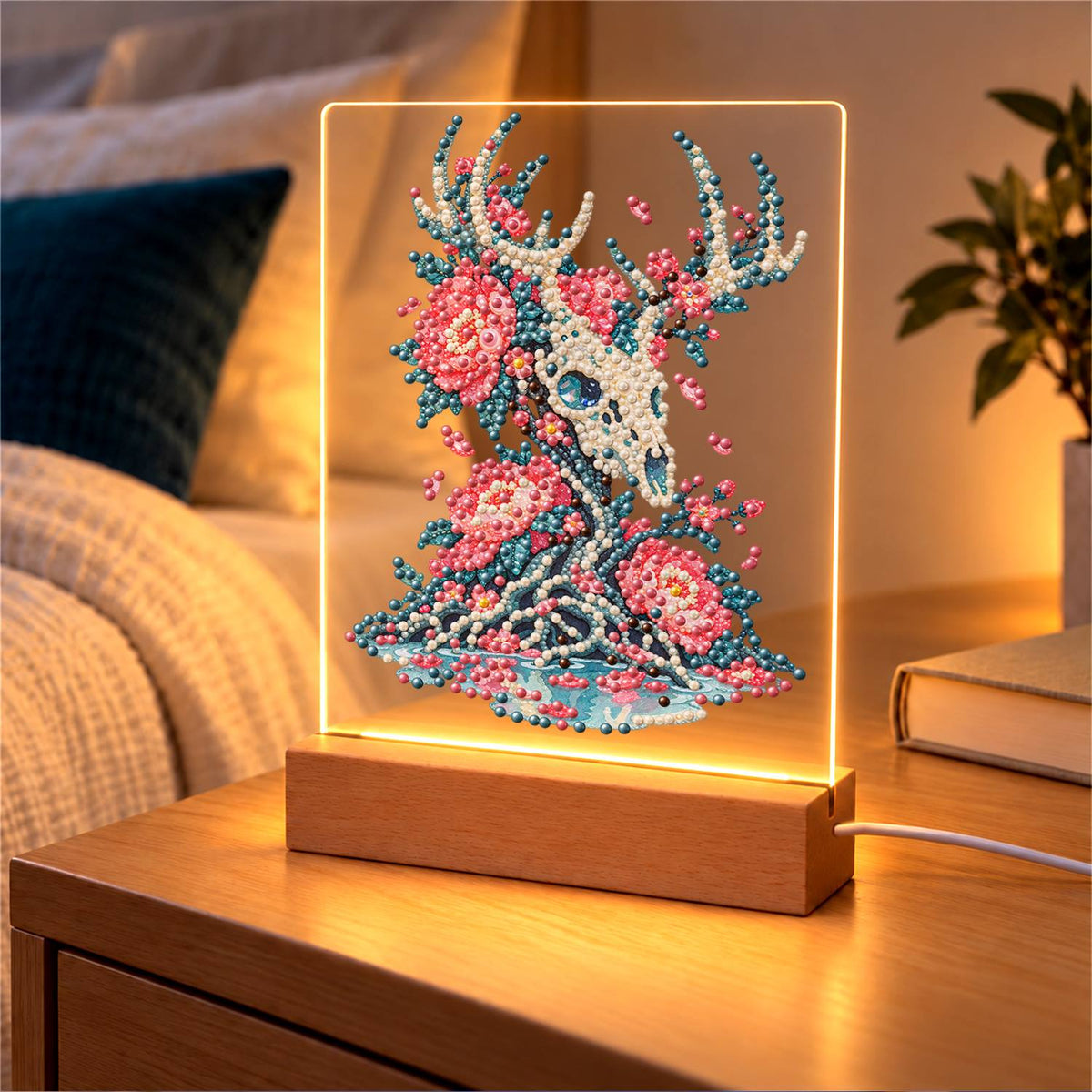 Stag Skull Blooming with Peonies (Light-Up Pearl Painting)
