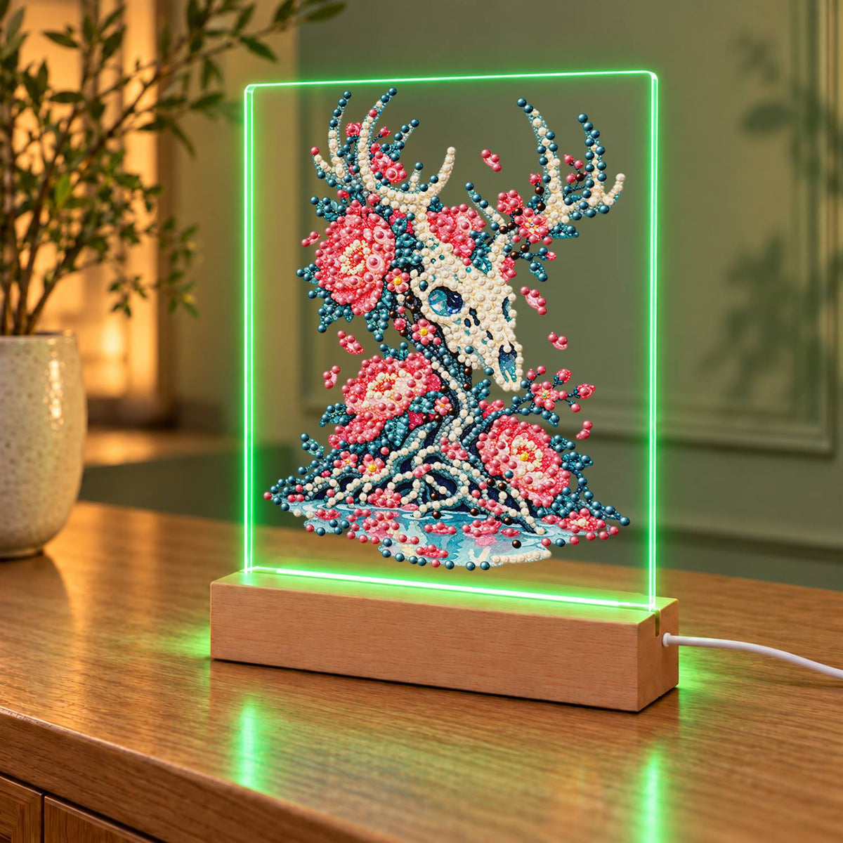 Stag Skull Blooming with Peonies (Light-Up Pearl Painting)