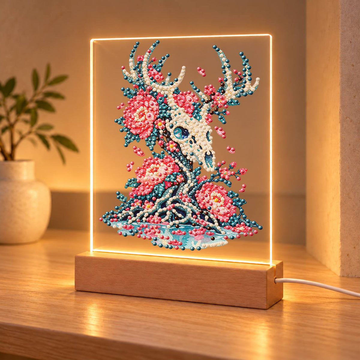 Stag Skull Blooming with Peonies (Light-Up Pearl Painting)