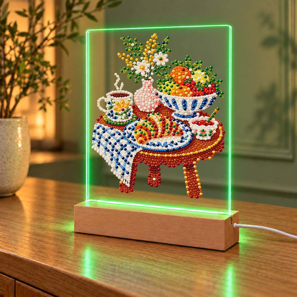 Croissant Breakfast on Gingham (Light-Up Pearl Painting)