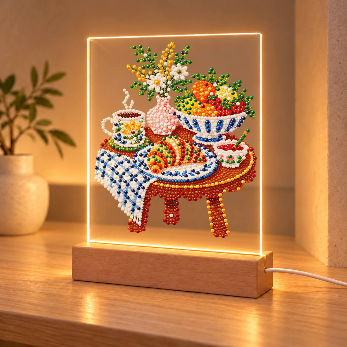 Croissant Breakfast on Gingham (Light-Up Pearl Painting)