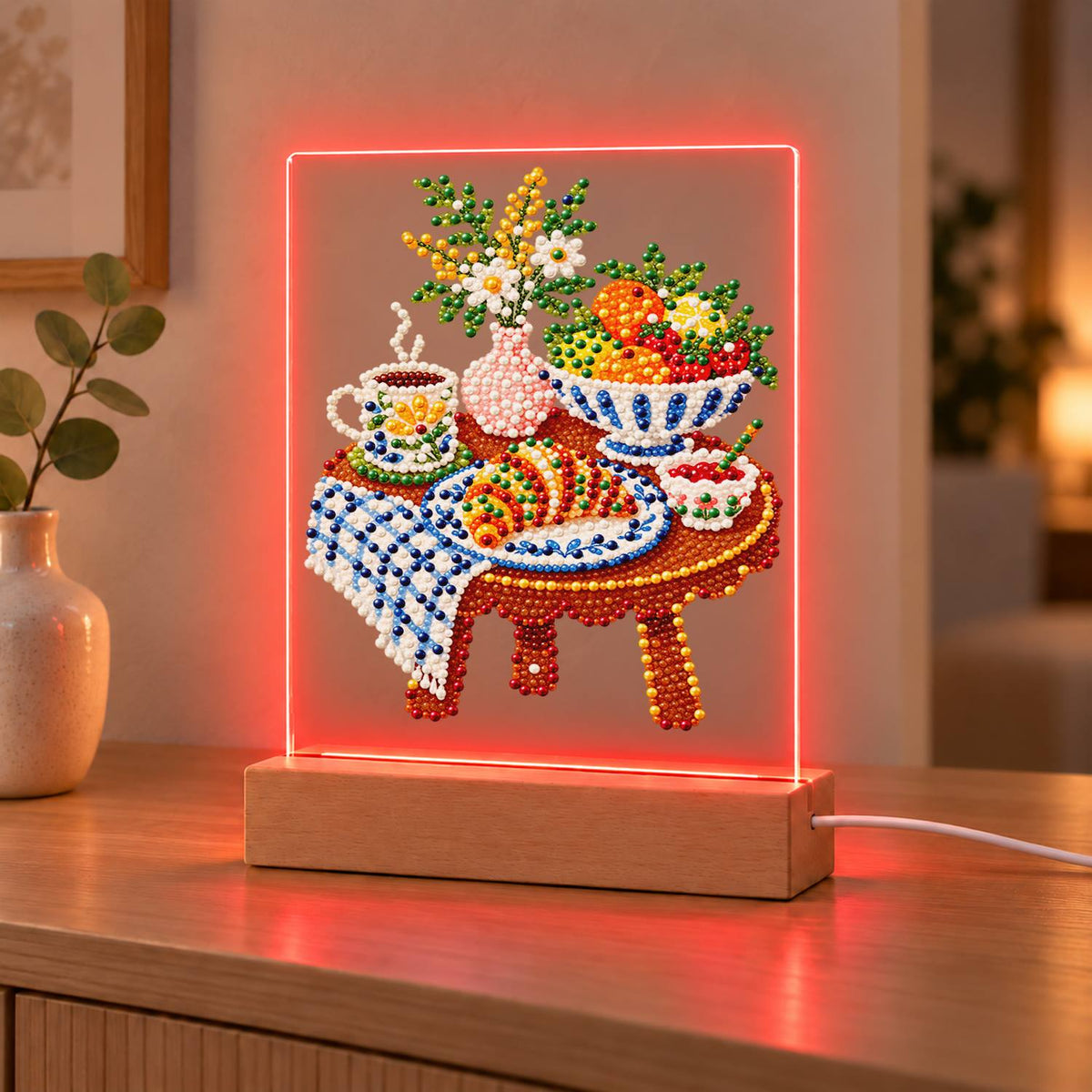 Croissant Breakfast on Gingham (Light-Up Pearl Painting)