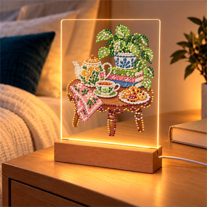 Afternoon Tea on a Pink Cloth (Light-Up Pearl Painting)
