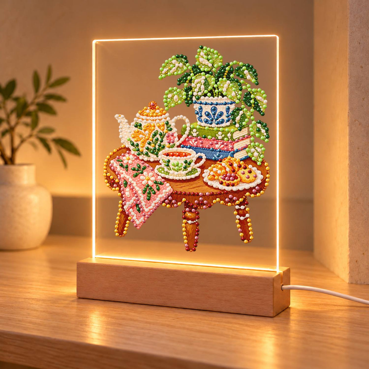 Afternoon Tea on a Pink Cloth (Light-Up Pearl Painting)
