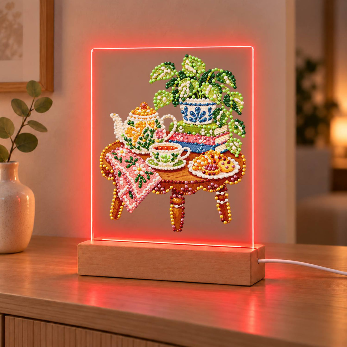 Afternoon Tea on a Pink Cloth (Light-Up Pearl Painting)