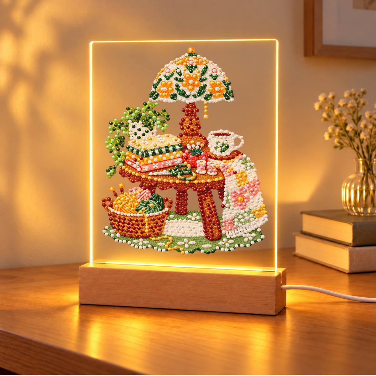 Yarn Basket and Floral Lamp (Light-Up Pearl Painting)