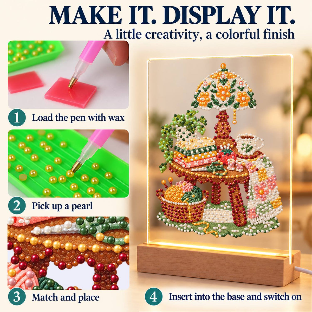 Yarn Basket and Floral Lamp (Light-Up Pearl Painting)
