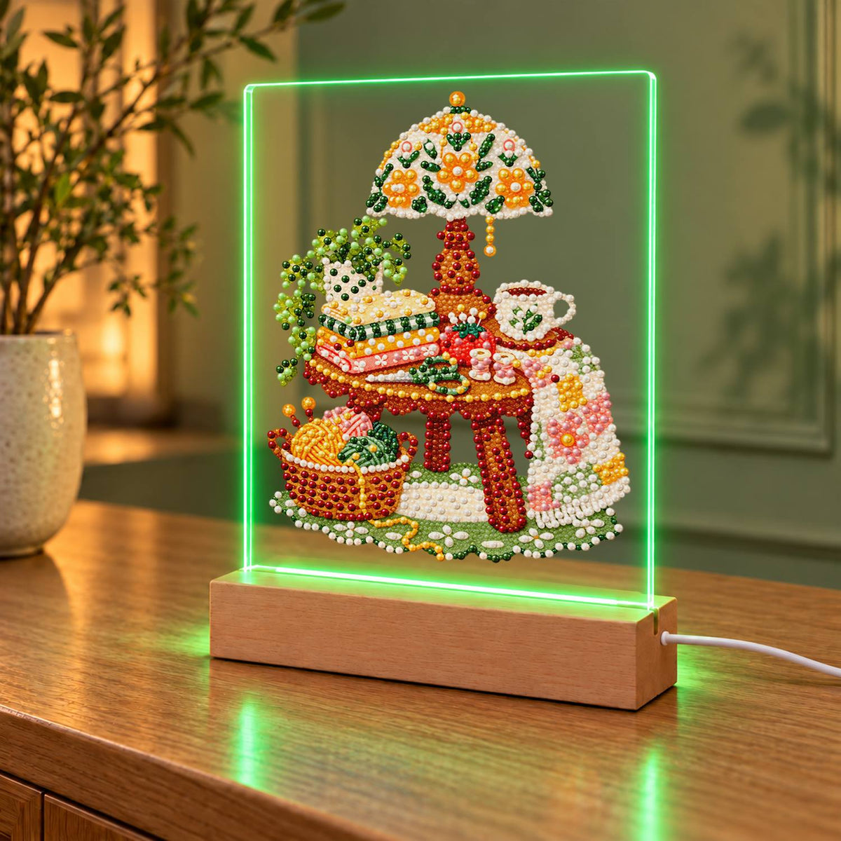 Yarn Basket and Floral Lamp (Light-Up Pearl Painting)
