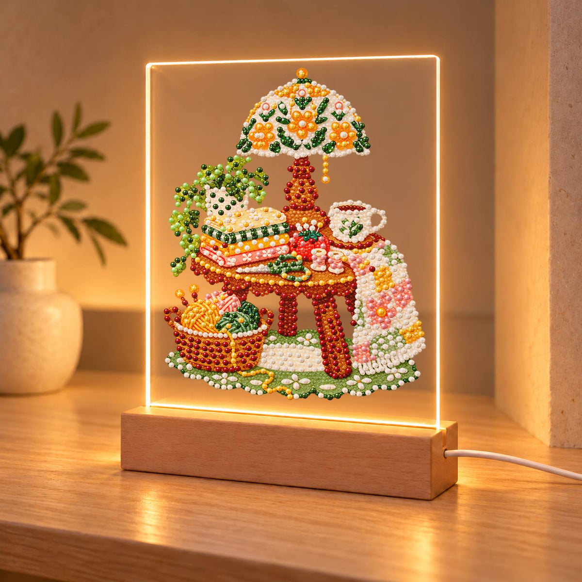 Yarn Basket and Floral Lamp (Light-Up Pearl Painting)