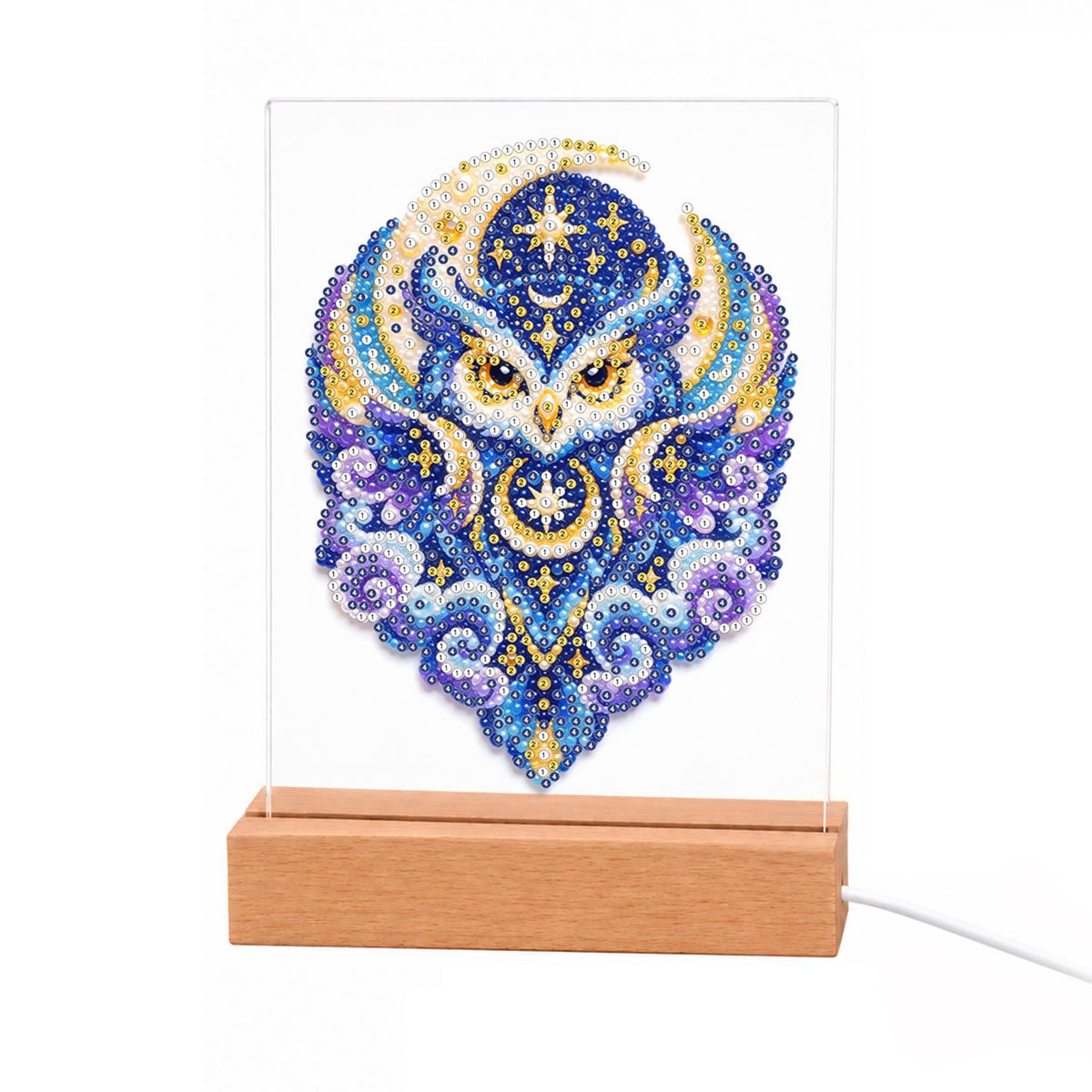 Celestial Owl in Indigo Moons light-up pearl painting – Blue and violet owl with gold eyes framed by crescent moons, stars and swirling clouds