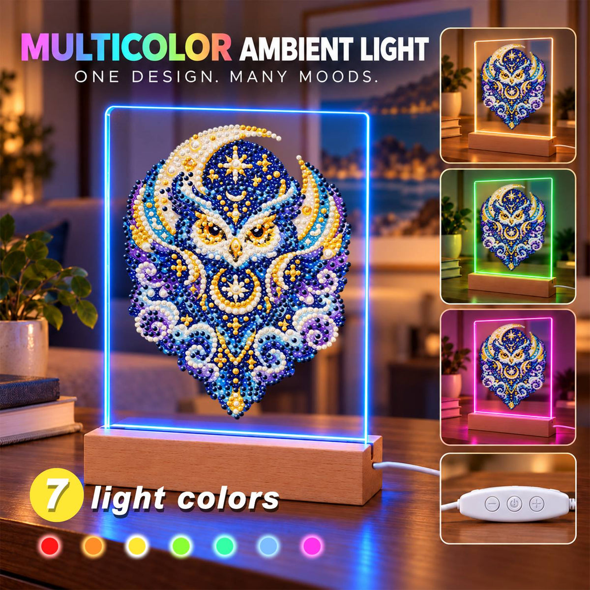 Celestial Owl in Indigo Moons (Light-Up Pearl Painting)