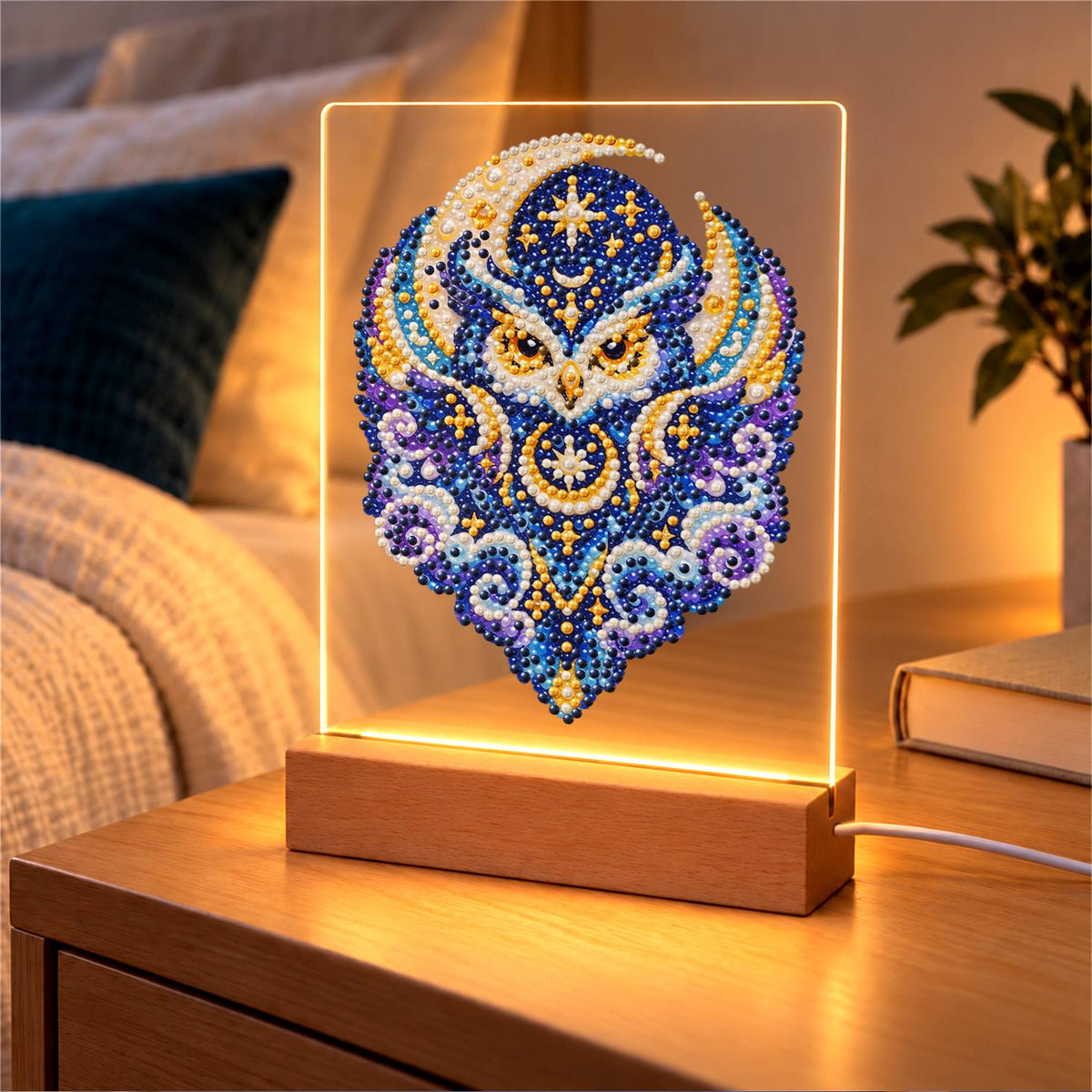 Celestial Owl in Indigo Moons (Light-Up Pearl Painting)