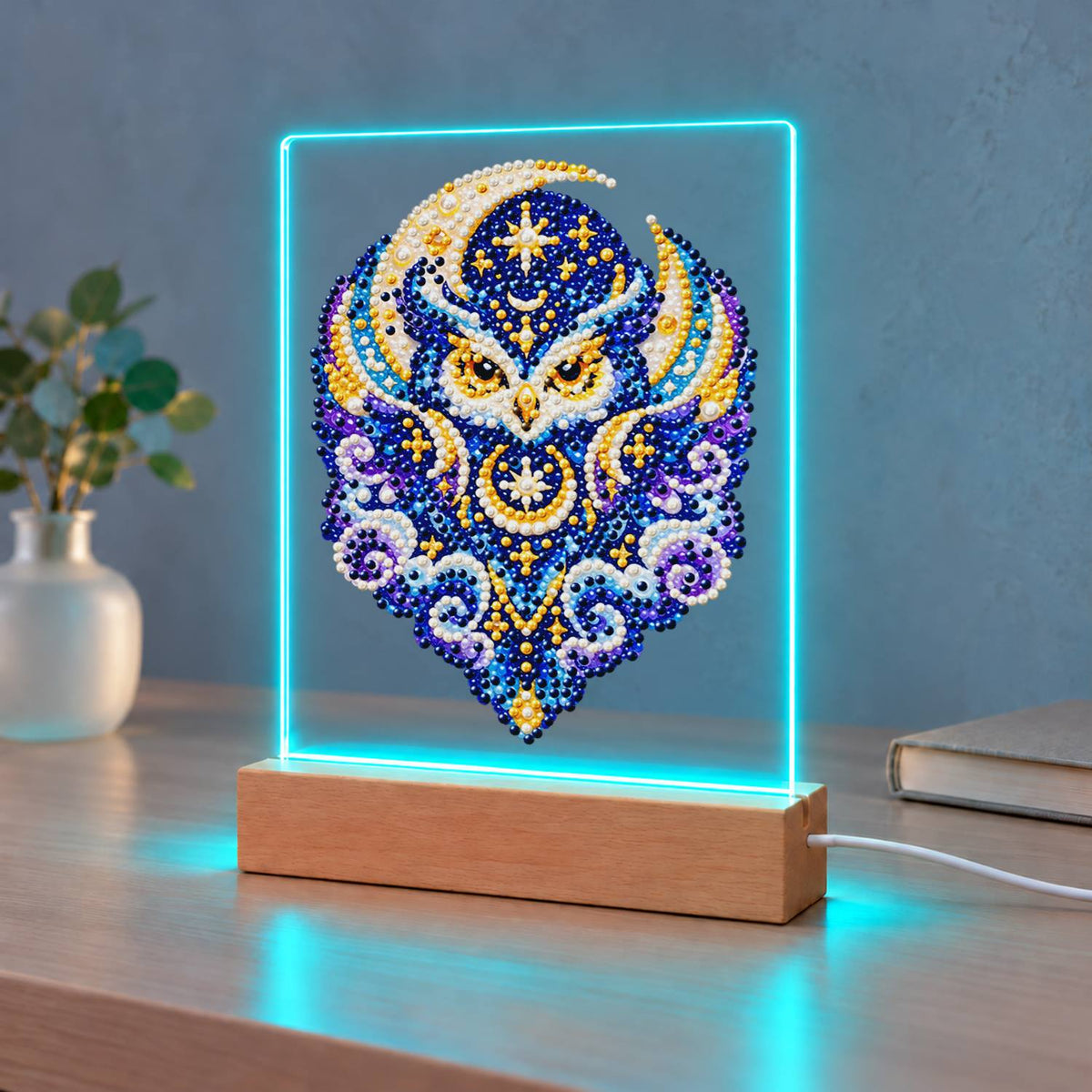 Celestial Owl in Indigo Moons (Light-Up Pearl Painting)
