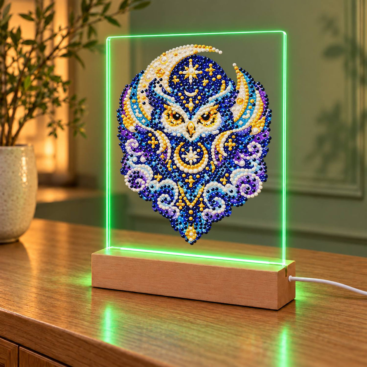 Celestial Owl in Indigo Moons (Light-Up Pearl Painting)