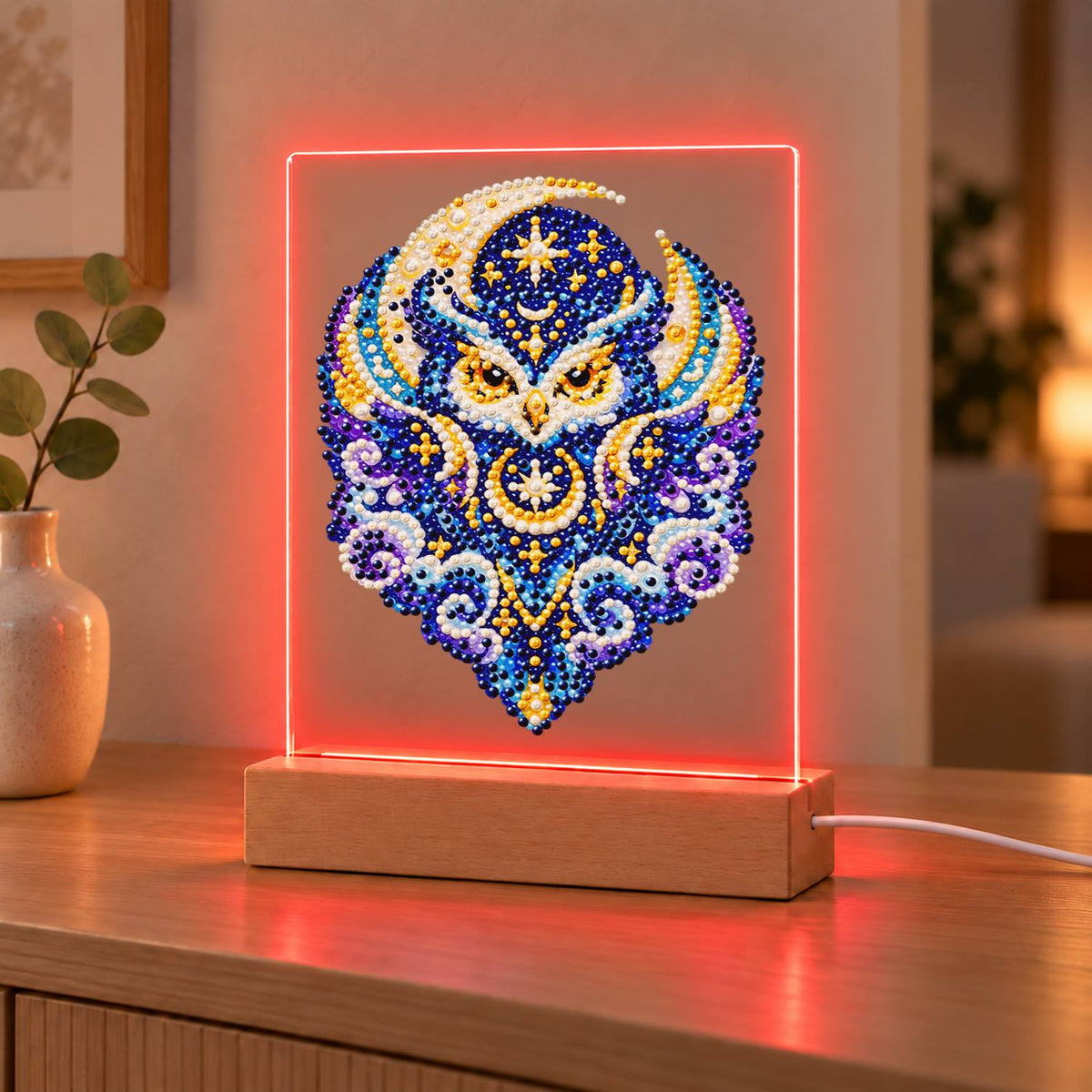 Celestial Owl in Indigo Moons (Light-Up Pearl Painting)