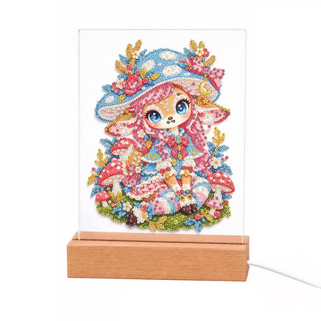 Pink-Haired Fawn Fairy light-up pearl painting – Fawn-eared girl with long pink hair in a blue flower hat and pink dress sitting among mushrooms