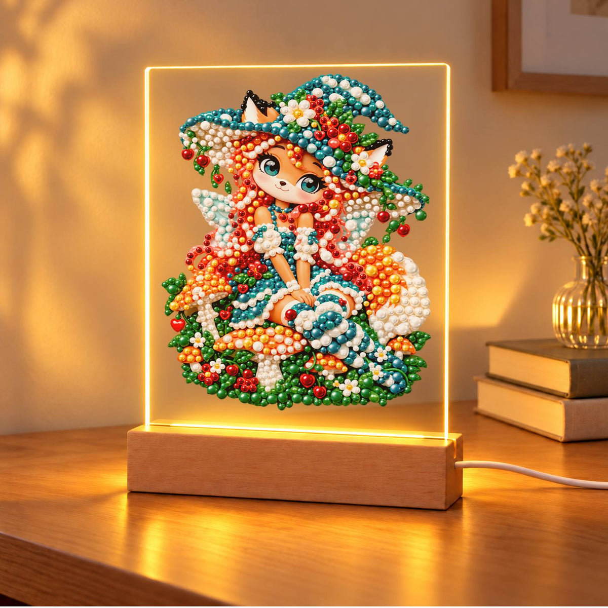 Red-Haired Fox Girl and Toadstools (Light-Up Pearl Painting)