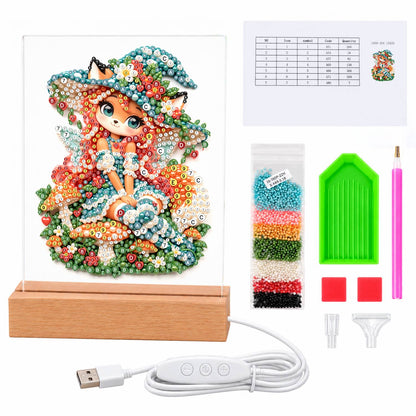 Red-Haired Fox Girl and Toadstools (Light-Up Pearl Painting)